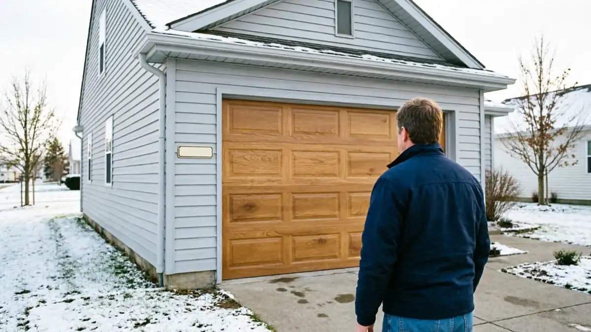 A man stands facing a wooden garage door on a snowy day.