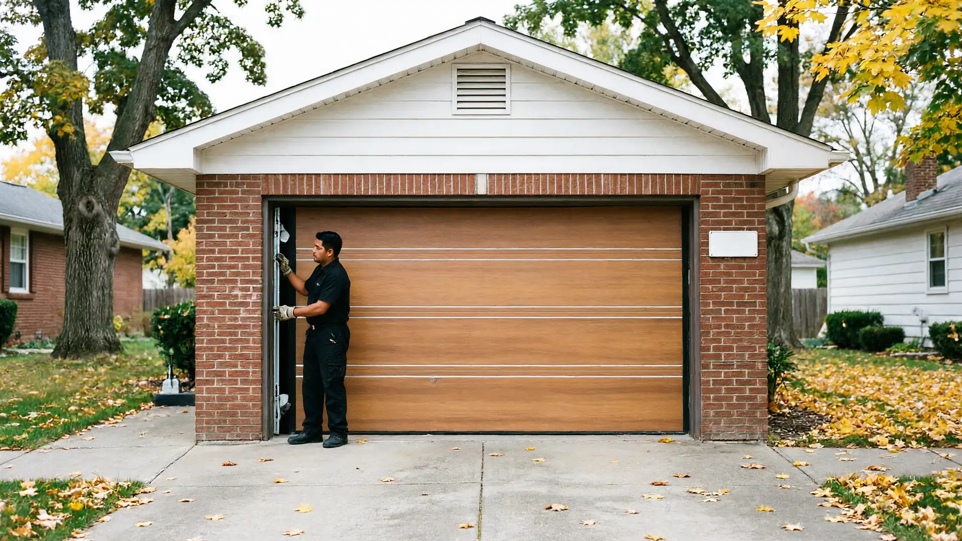 A technician in a black uniform adjusts the side of a closed brown garage door.