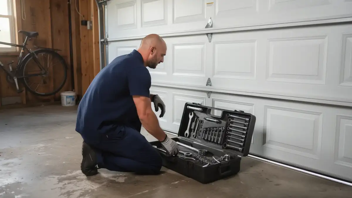 A technician kneels on a concrete floor, looking into an open toolbox in front of a white garage door.