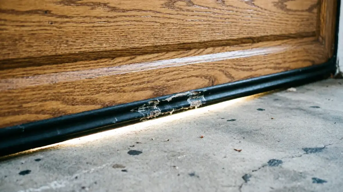 The garage door bottom seal is damaged, showing light underneath the door.